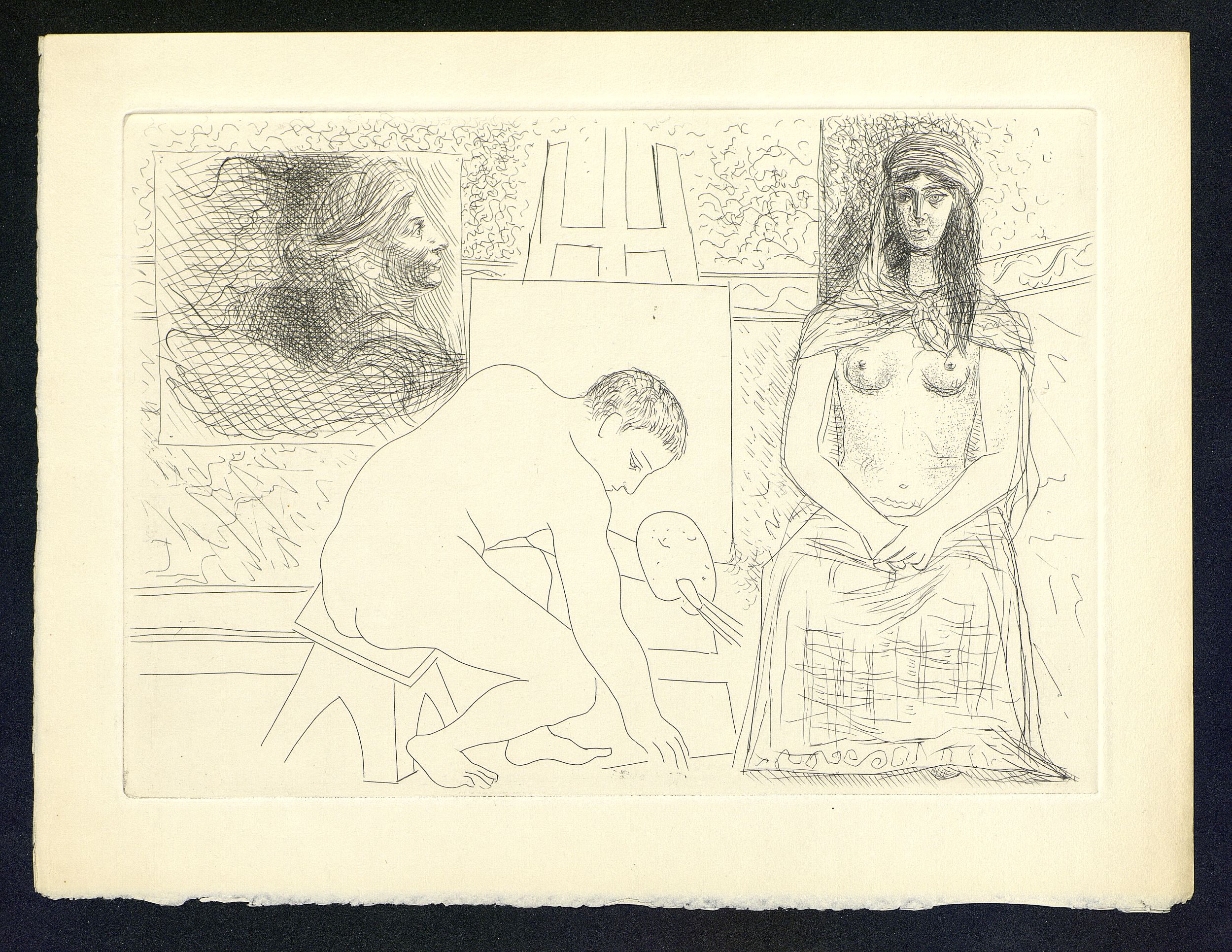 拾起畫筆的畫家及戴頭巾的模特