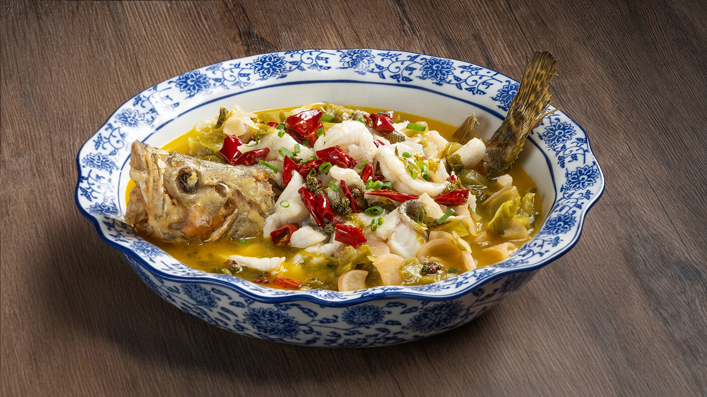 Poached Sliced Mandarin Fish with Pickled Cabbage and Chilli